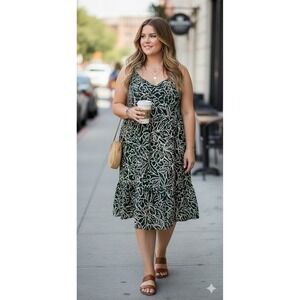 GAP Dark Green Floral Cotton Smocked Sundress Ruffle Hem Pockets Womens Sz Large